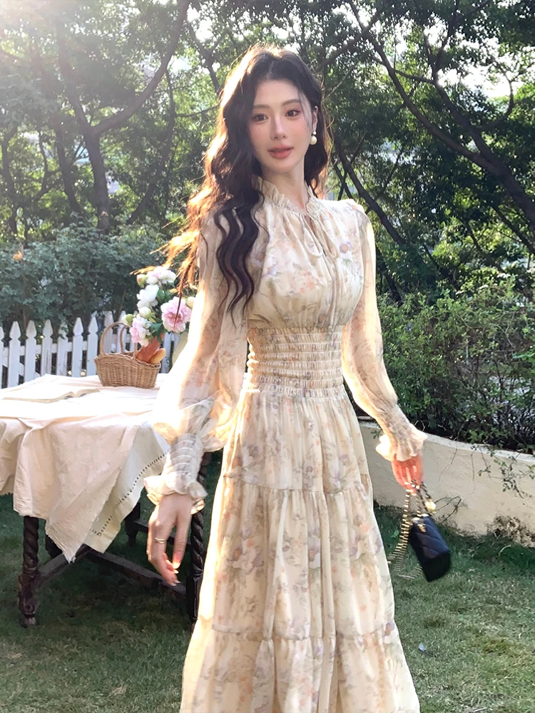 Robe de thé français 2024 - Robe en mousseline de soie florale à taille smockée pour femme avec manches bouffantes et poignets froncés f118