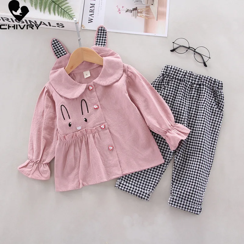 

New 2023 Baby Girls Spring Autumn Fashion Cartoon Rabbit Long Sleeve Lapel Coat with Plaid Pants Kids Casual Clothing Sets