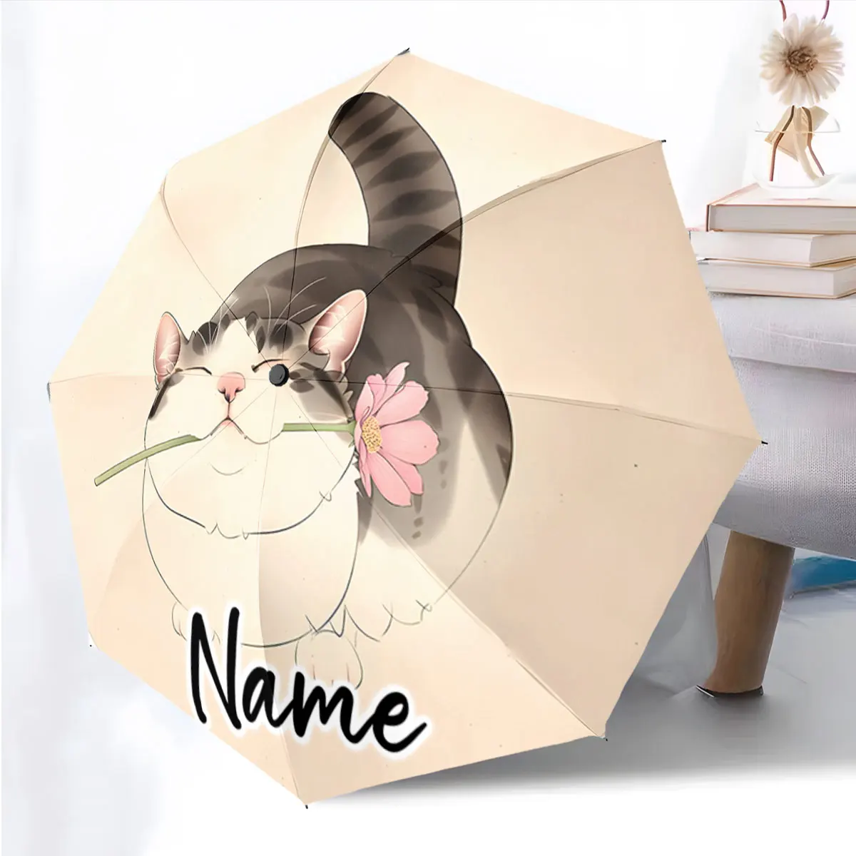Custom Name Umbrella Cute Cat with Flower Umbrella Design Print 8 Iron Ribs Folding Umbrella Auto-Open Fashion Sunshade