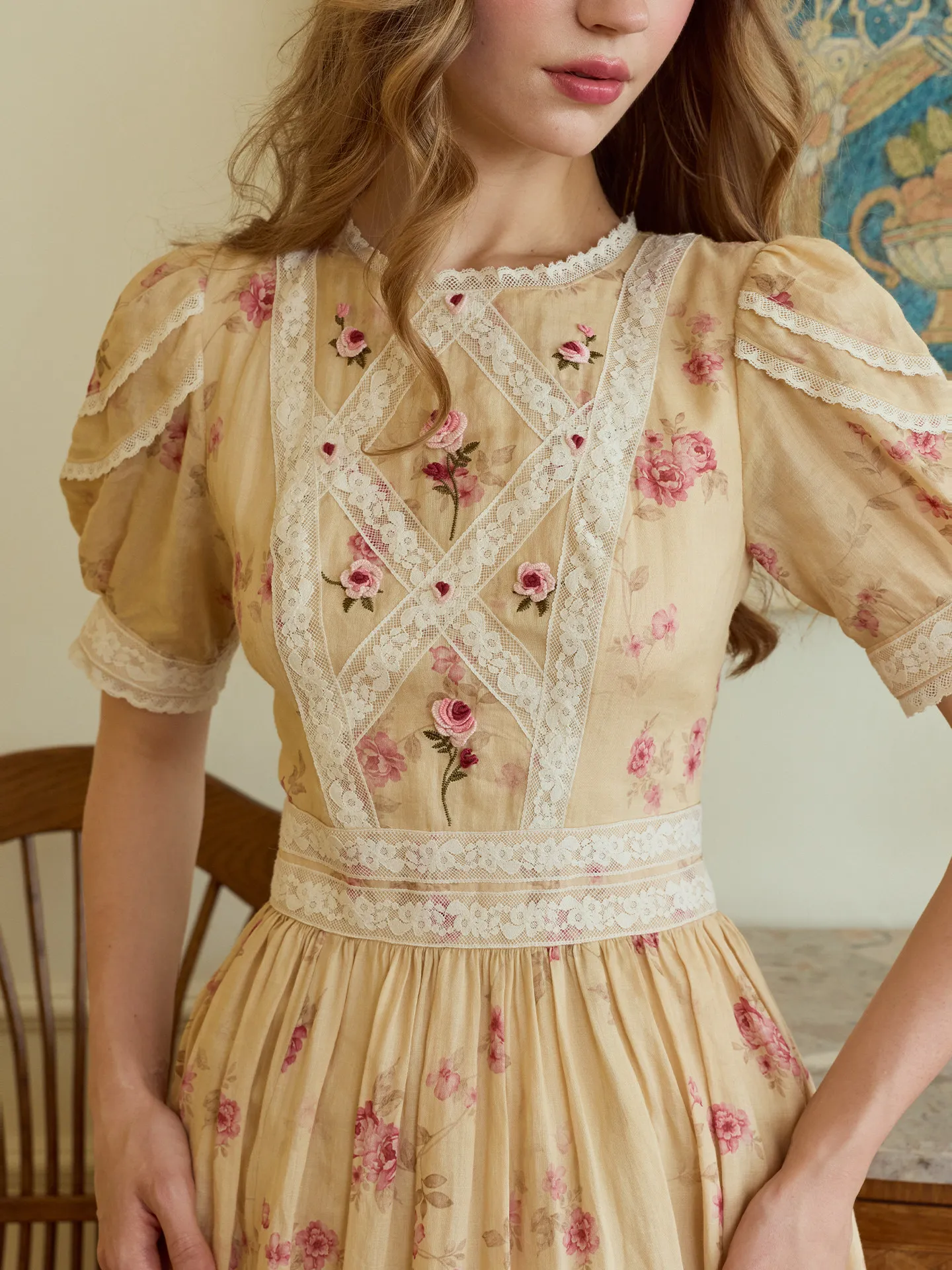 

84-96cmBust Spring Summer 100%Ramie Floral Dresses For Women Vintage Elegant Slimming Handmade 3D Embroidered Print Lace Dresses