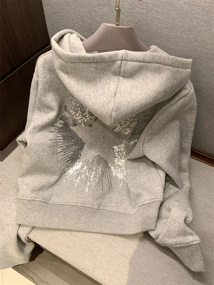 

Retro American Embroidered Five-Pointed Star Sequin Hoodie Open Cardigan Sweatirt Men Women Casual Loose Zipper Jaet Trendy