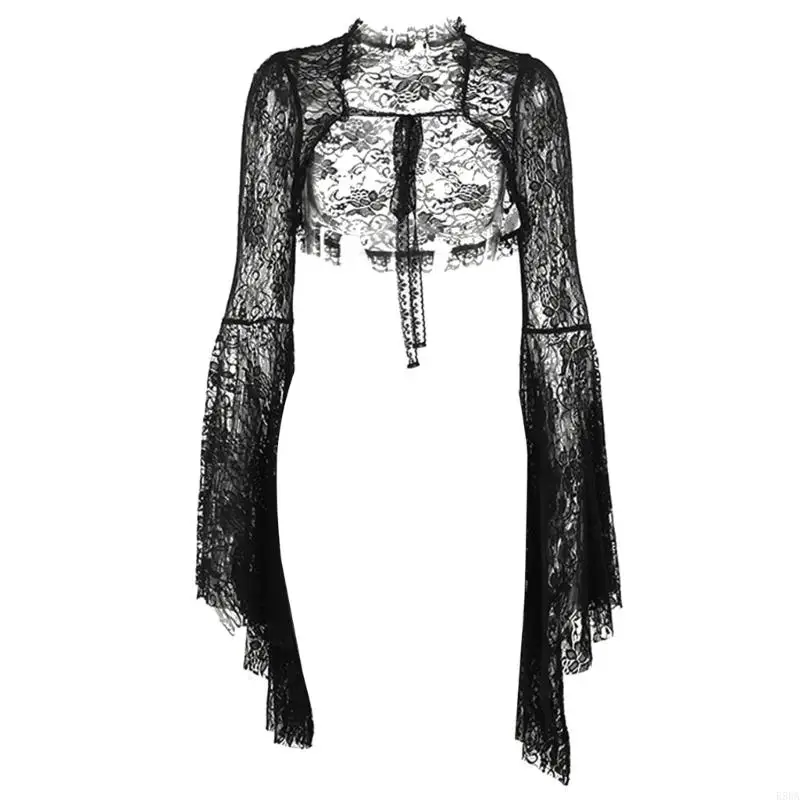 E56A Womens Gothic Flared Long Sleeve Lace Up Crop Top Cardigans Aesthetic See Through Flower Lace Ruffled Shrug Cover Up