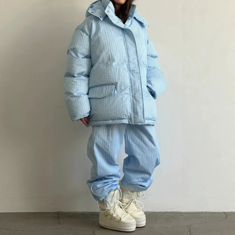 European American Cross-border Women's Clothing Winter New Fashion Street Trend Striped Printed Hooded Thick Warm Cotton Jacket