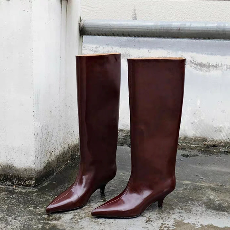 Patent Leather Tall Boots Autumn New Pointed Toe Sleeve Stiletto Heel Non-Slip Rider Boots