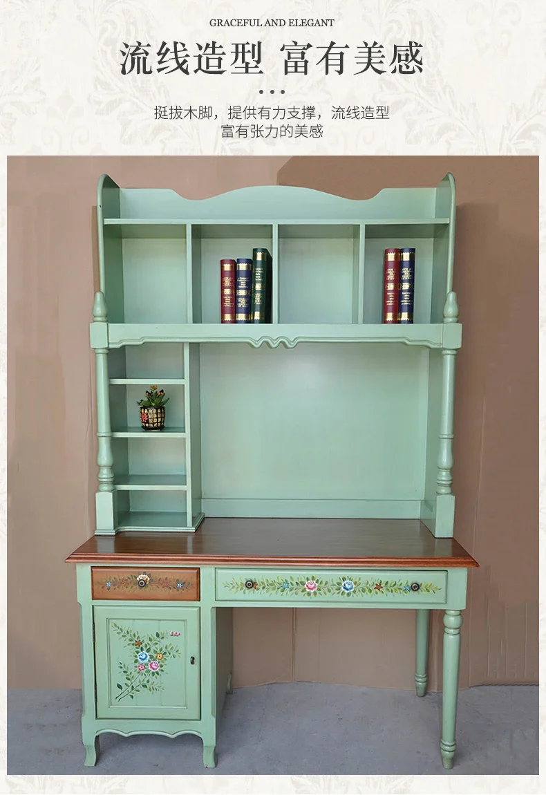 

American Mediterranean Painted Desk Cabinet European Entry Lux Combined Bookcase Modern Home Writing Desk