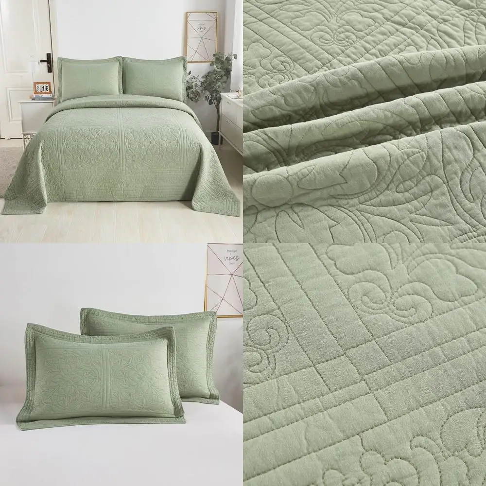 

Cotton Quilt Set Full/Queen Size in Sage Green with Embroidered Floral Pattern, Lightweight for All Seasons