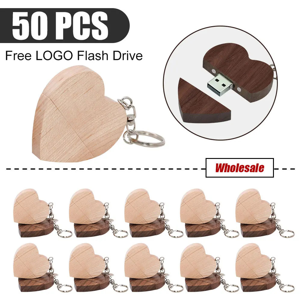 50pcs Free Custom Logo Walnut Wooden Heart + Gift Box USB Flash Drive Creative Pendrive 8GB 16GB 32GB 64GB Memory Stick U Disk