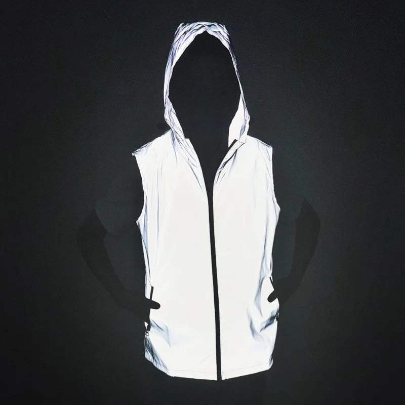 Night Reflective Vest Men's Spring Summer Hooded Outdoor Jogging Cycling Safety Sleeveless Jacket Hip Hop Fashion Streetwear