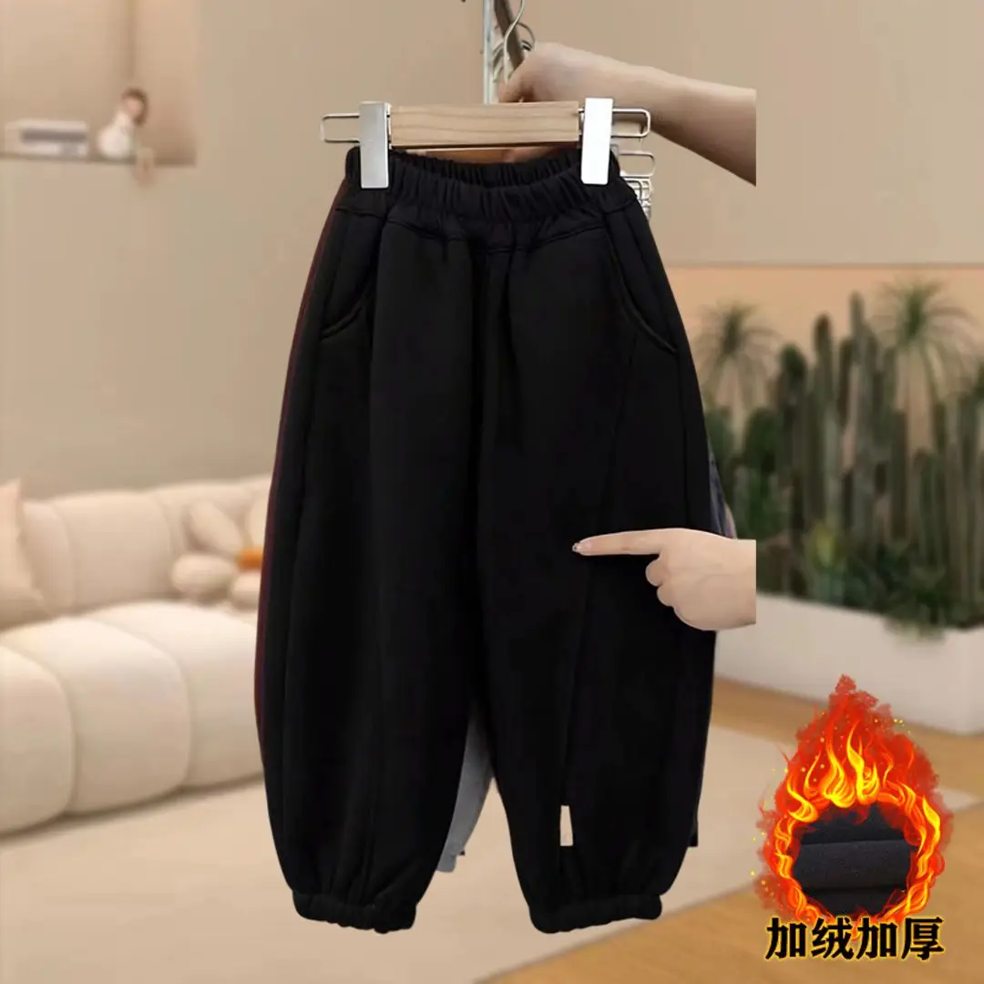 Toddler Kids Solid Color Casual Long Velvet lining Pants 2025 Winter Autumn Cotton Spor Wide Leg Trousers for Boys Girls 2-10Y