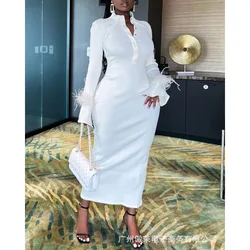 2023 Autumn New Women's White Knitted Sunken Stripe Long Sleeve Feather Lapel Mid-Length Dress