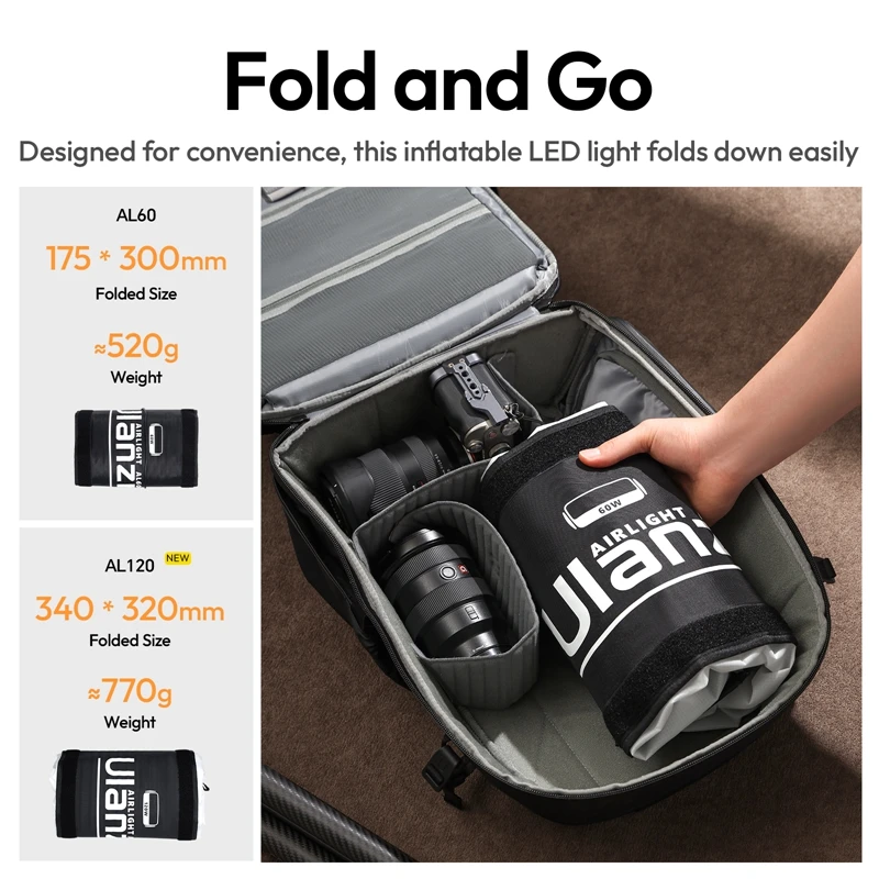 Ulanzi AL120 Dmuchana Lampa LED 2700K-6500K do Fotografii Portretowej, Transmisji na Żywo, Dwukolorowa, 10 Efektów Oświetleniowych, Kamera Vlog