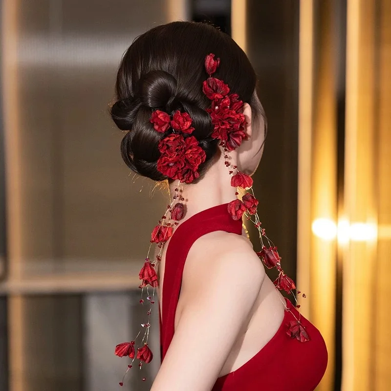 Bridal red hair clip set - tassel accent, elegant & stylish headpiece for wedding toasts,