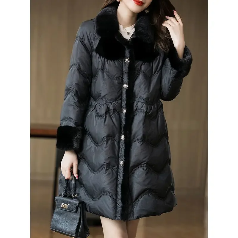 Mink Plush Collar Mid Length Women\'s Down Coat 2023 Winter New 90% White Duck Down Loose Coat Thickened Women Snow Wear Overcoat