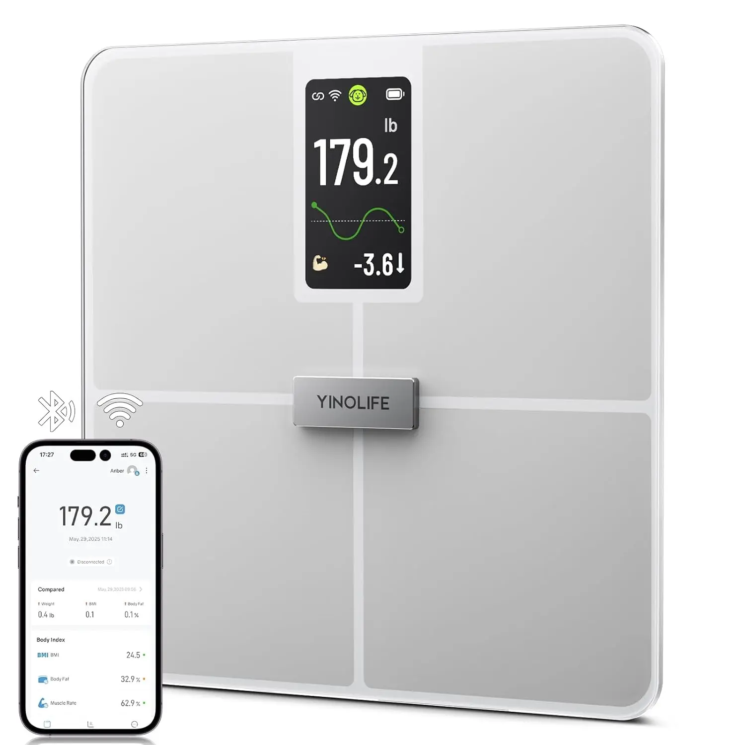 

Digital Bathroom Scale with 4.3" Color Display, Measures Weight, BMI, Body Fat, Muscle Mass, Wi-Fi & Bluetooth Sync