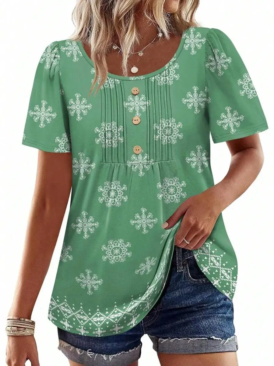 Womens Casual Short Sleeve Top With Snowflake Print Front Button Pleated Design