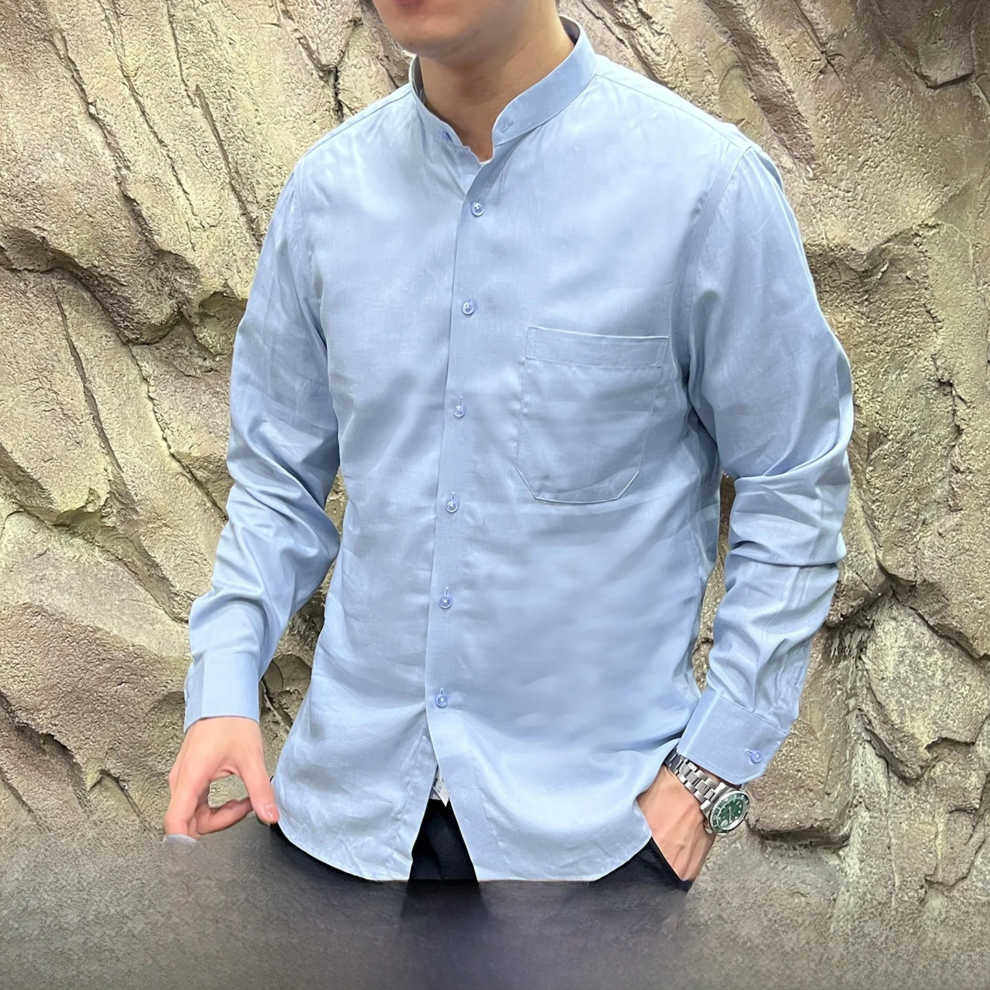 

Гладкая повседневная рубашка с длинным рукавом для мужчин, однотонная, приталенного кроя, дышащая, из хлопка, лиоцелла и льна, весенняя коллекция