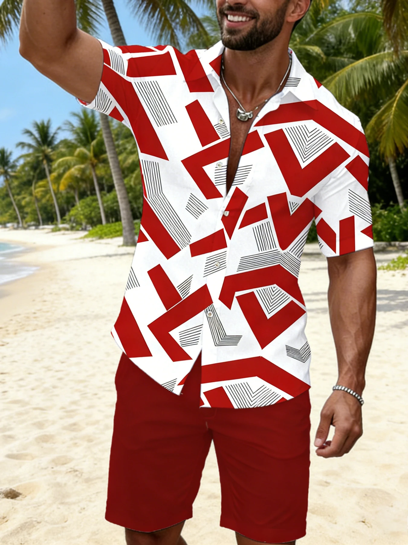 

Мужская рубашка премиум-класса с геометрическим принтом в стиле ретро, с коротким рукавом, отложным воротником на пуговицах, для пляжа и отдыха на курорте