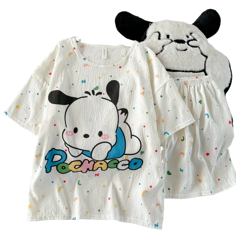 

2 шт., летние пижамы Hello Kitty для девочек, Kawaii Pochacco, новые тонкие детские шорты с короткими рукавами в стиле аниме, комплект домашней одежды для детей