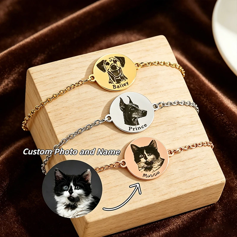 Custom Pet Photo Bracelet With Engraving Photo And Name Personalized Pendant Bracelet And Bangles Custom Gold Stainless Bracelet