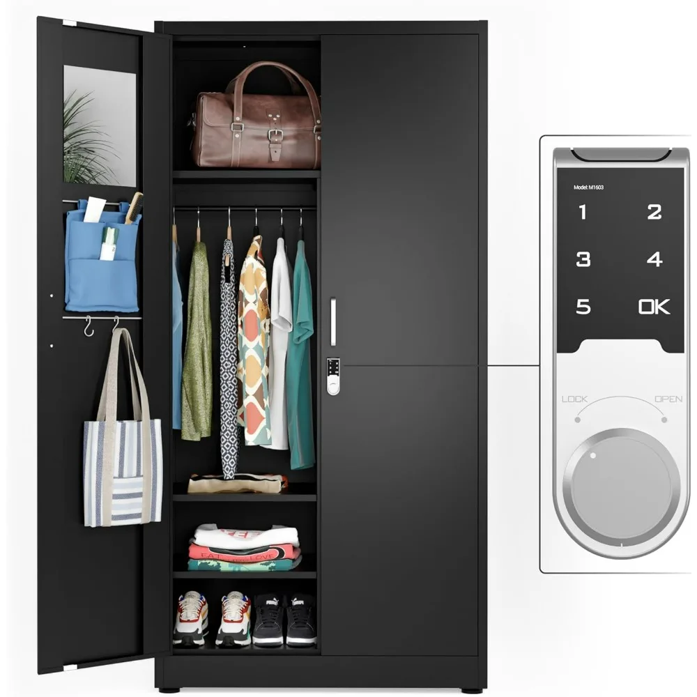 Metal Storage Cabinet Wardrobe with Digital Lock - Metal Storage Locker with Locking Doors, Adjustable Shelf Height & Position