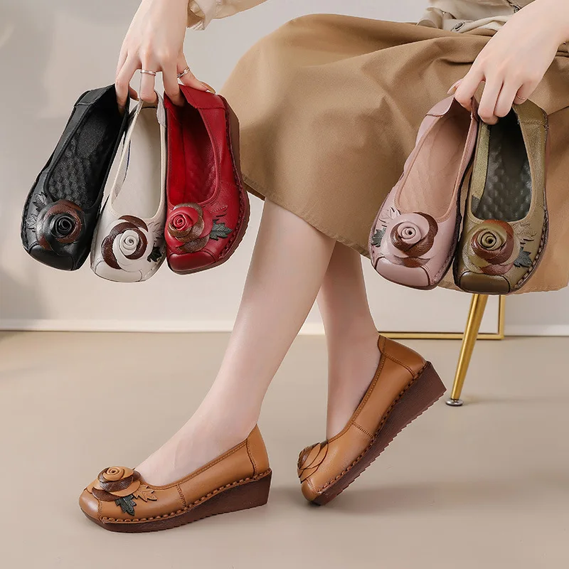 New genuine leather shoes women's wedge pumps luxury top quality med heel shoes woman autumn slip on flats ladies vintage pumps