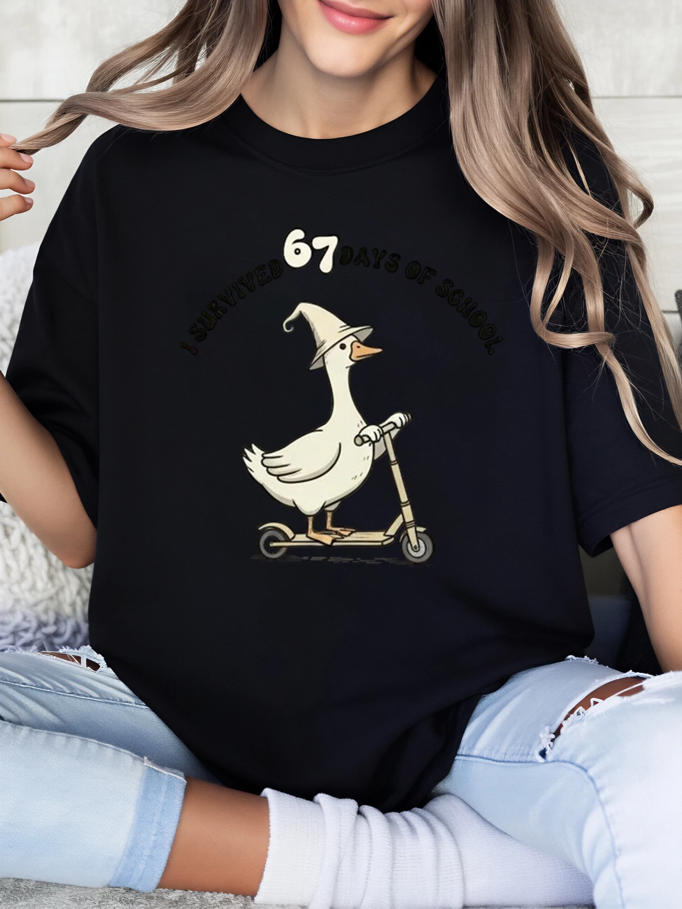 

Duck on Scooter I Survived 67 Days of School Halloween t Shirt Women Casual Wear Black Plus-Size