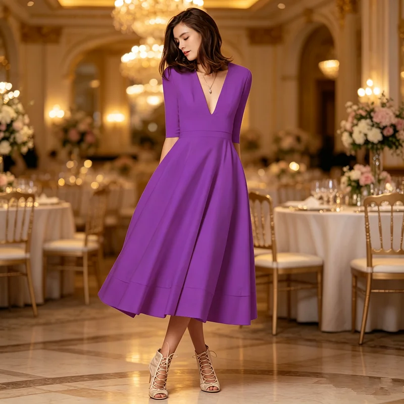 Elegantes Damen-Midikleid mit Korsett, tiefem V-Ausschnitt, Taillenband, Schwingrock und Seitentaschen für festliche Anlässe – Detail 2