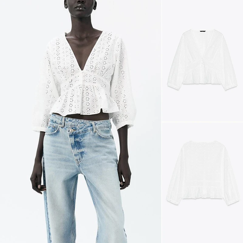 

Новая летняя женская белая блузка с вышивкой и вырезами, V-образный вырез, длинный рукав, приталенный крой, для повседневной носки, средней длины, из полиэфирного волокна