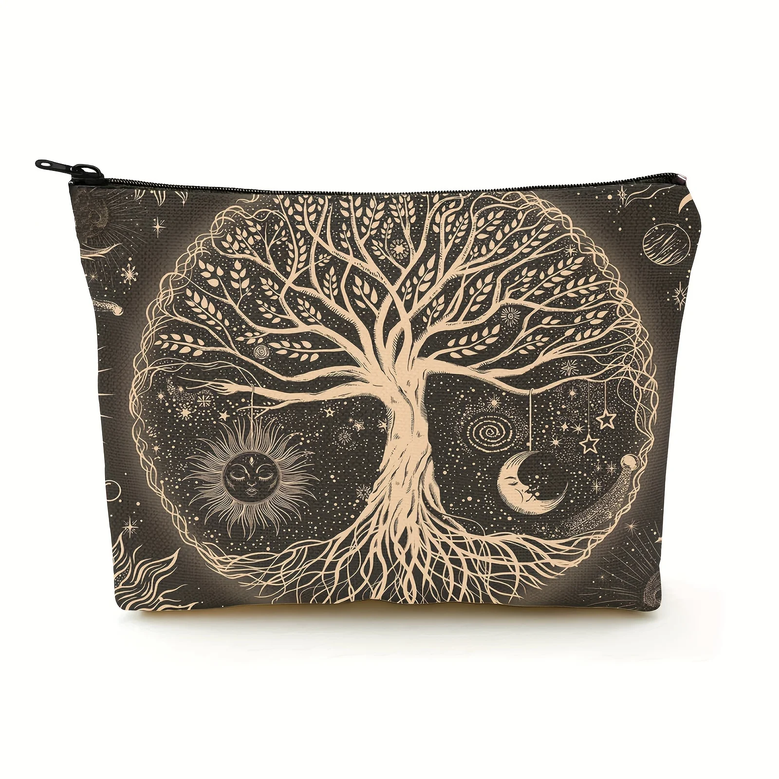 Tree of Life Galaxy Makeup Bag  Durable Zippered Cosmetic Pouch with Sun Moon Stars Cosmetic Bag Linen Fabric