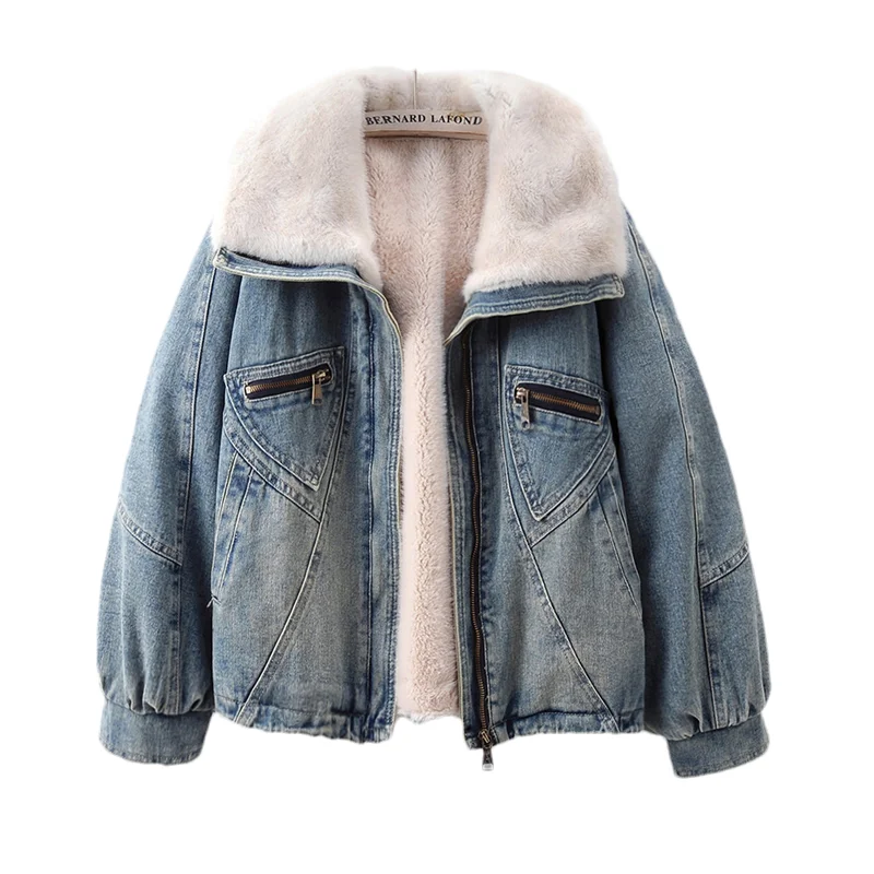 

Светло-голубое темно-синее толстое теплое джинсовое пальто с подкладкой из овечьей шерсти, свободное повседневное пальто на молнии с лацканами и длинными рукавами, зимняя женская ковбойская верхняя одежда