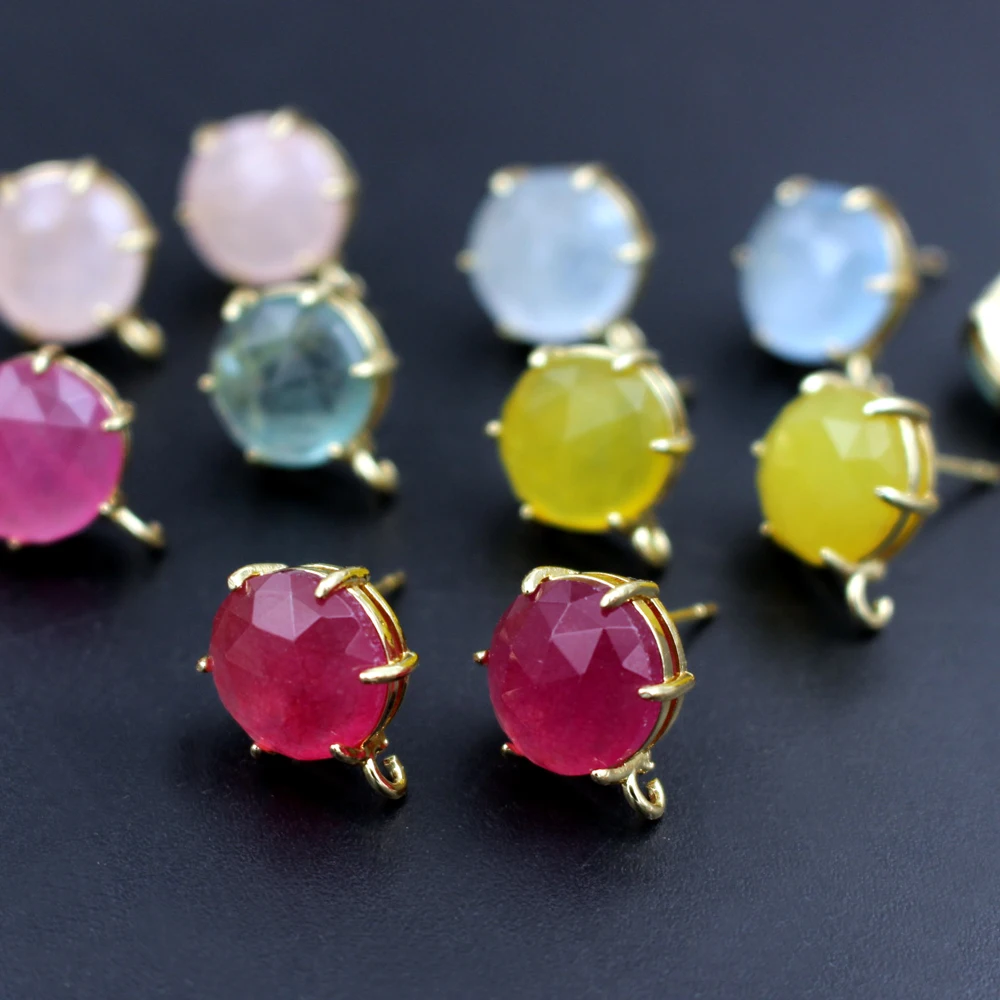 6pair DIY Jewelry Accessories Colors Stone Ear Posts Round Light Blue Green Quartz Stone Earring with Loop Connectors