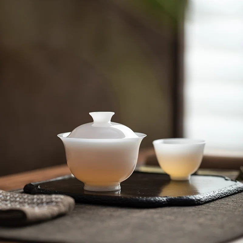 

Minimalist Kung Fu Tea Set – Glazed White Porcelain Gaiwan, Fair Cup, and Tea Strainer– Elegant Ice Jade Finish