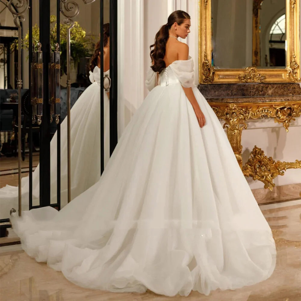 Customized Ball Gown Wedding Dresses Scoop Neck Off The Shoulder Tulle Sweep Train Backless Corset Bridal Gown vestidos de novia