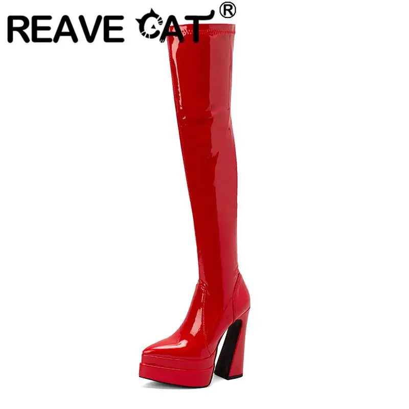 

REAVE CAT 2022 New Ladies Stretchy Thigh Boots 53.5cm Pointed Toe Strange Heel 14cm Double Platform 4.5cm Zipper Patent Leather