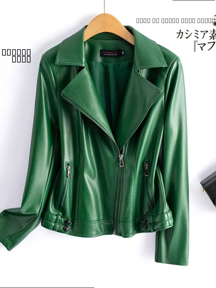 Real Leather Biker Jaet Women's ort Sle Spring Autumn New Arrival Zipper Closure Slim Fit eepskin Coat Hong Kong Sle