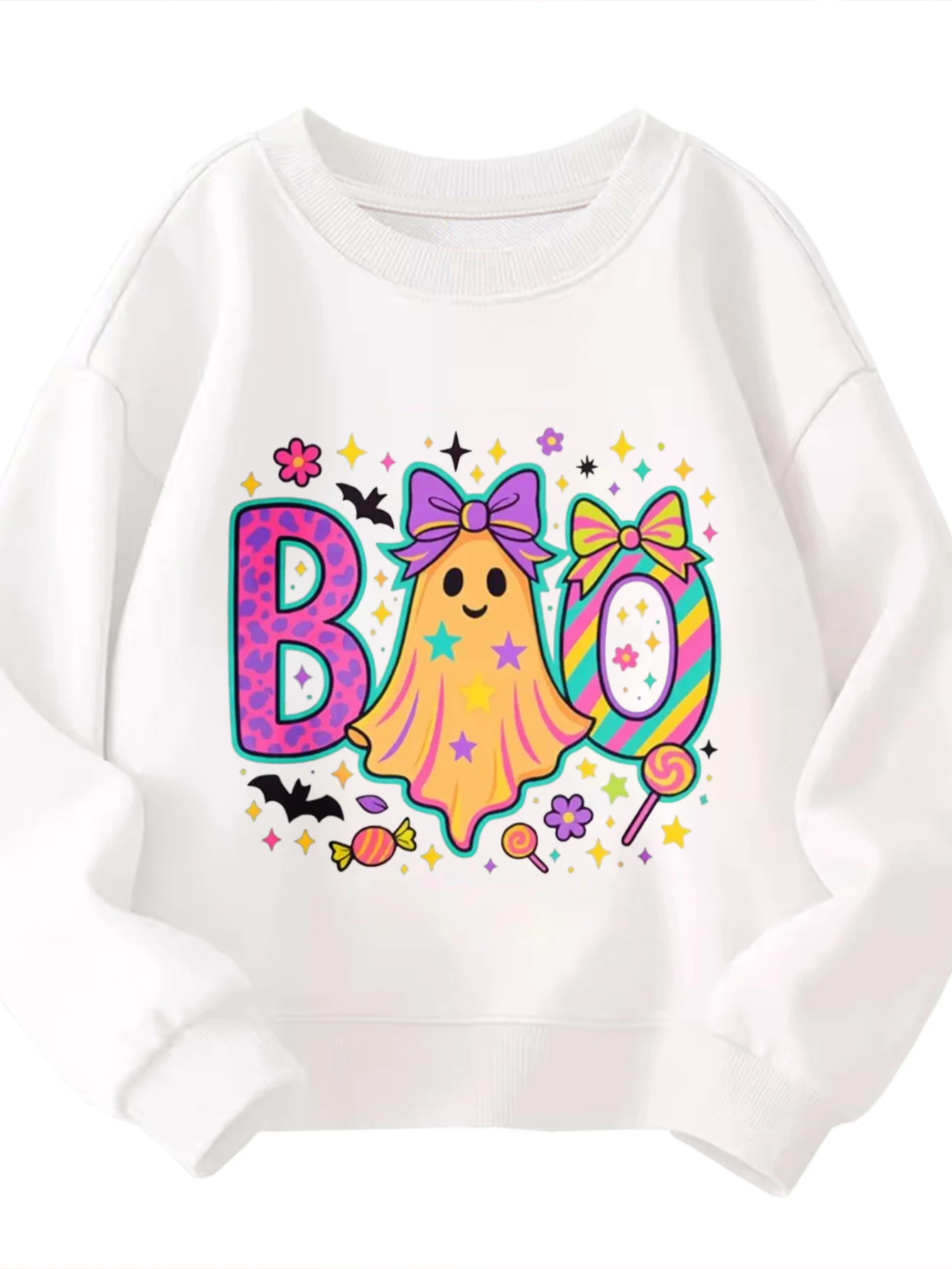 

Kids Crew Neck Sweatshirt Colorful BOO Ghost Candy Bat Halloween Style Boys Girls Graphic White Pullover For Festive Wear