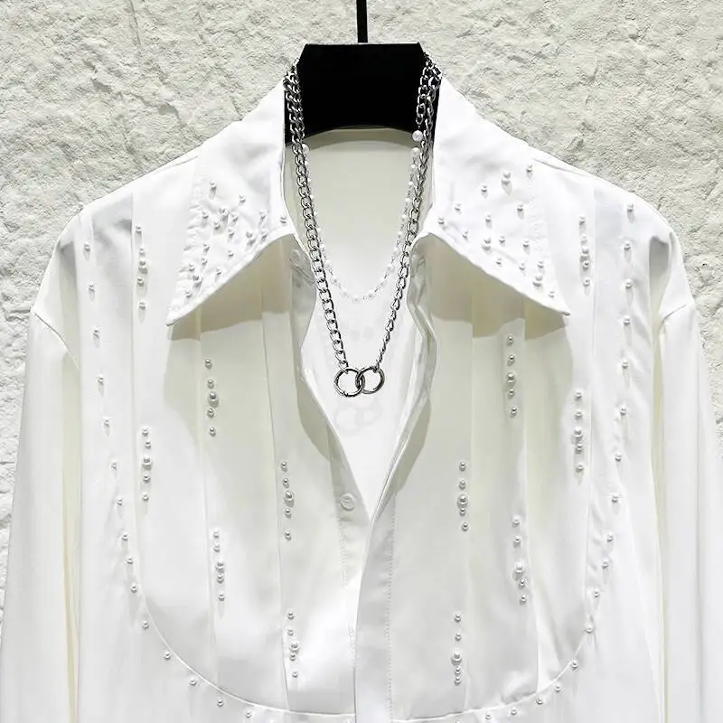 PFHQ جديد عصري الرجال القمصان شخصية مطوي مطرز تصميم كم طويل قميص موضة بدوره إلى أسفل طوق بلون القمم 21P1332