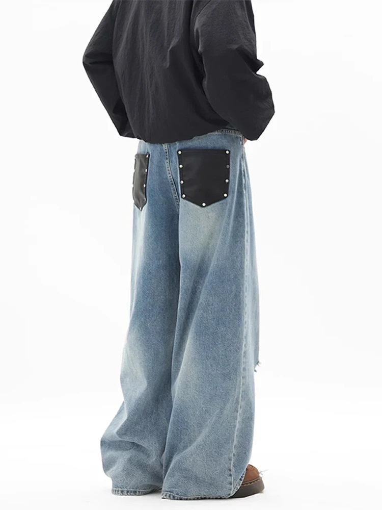 

American Sle Rivet Patchwork Leather Knife Jeans Men Spring Trendy High Street Straight Leg Pants Casual Denim
