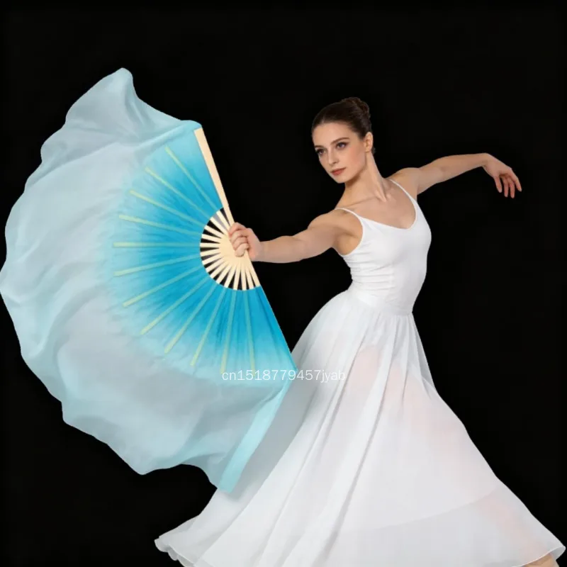 100% Silk Fans Bamboo Handle Turquoise Gradient Color Belly Dance Prop Accessory Double Side Extra Short Silk Flowy Fan 86cm 1PC