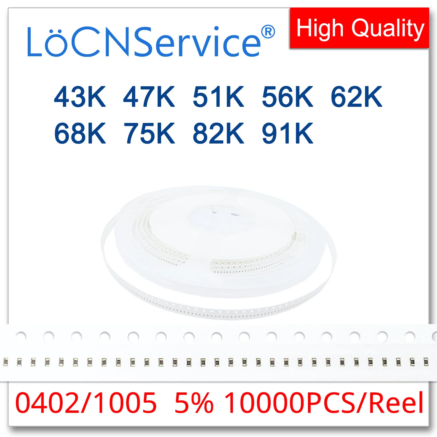 Locnservice-resistor de 43k 47k 51k 56k 62k 68k 75k 82k 91k smd 0402, resistor 5% 10000 1005 433 473 513 563 ohm