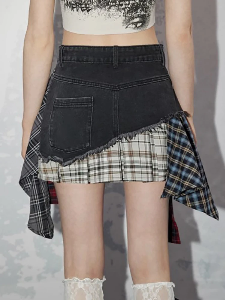 DEAT Fashion Women\'s Denim Skirt High Waist Plaid Patchwork Contrast Color Irregular Mini Skirts Summer 2024 New Tide 16U9004