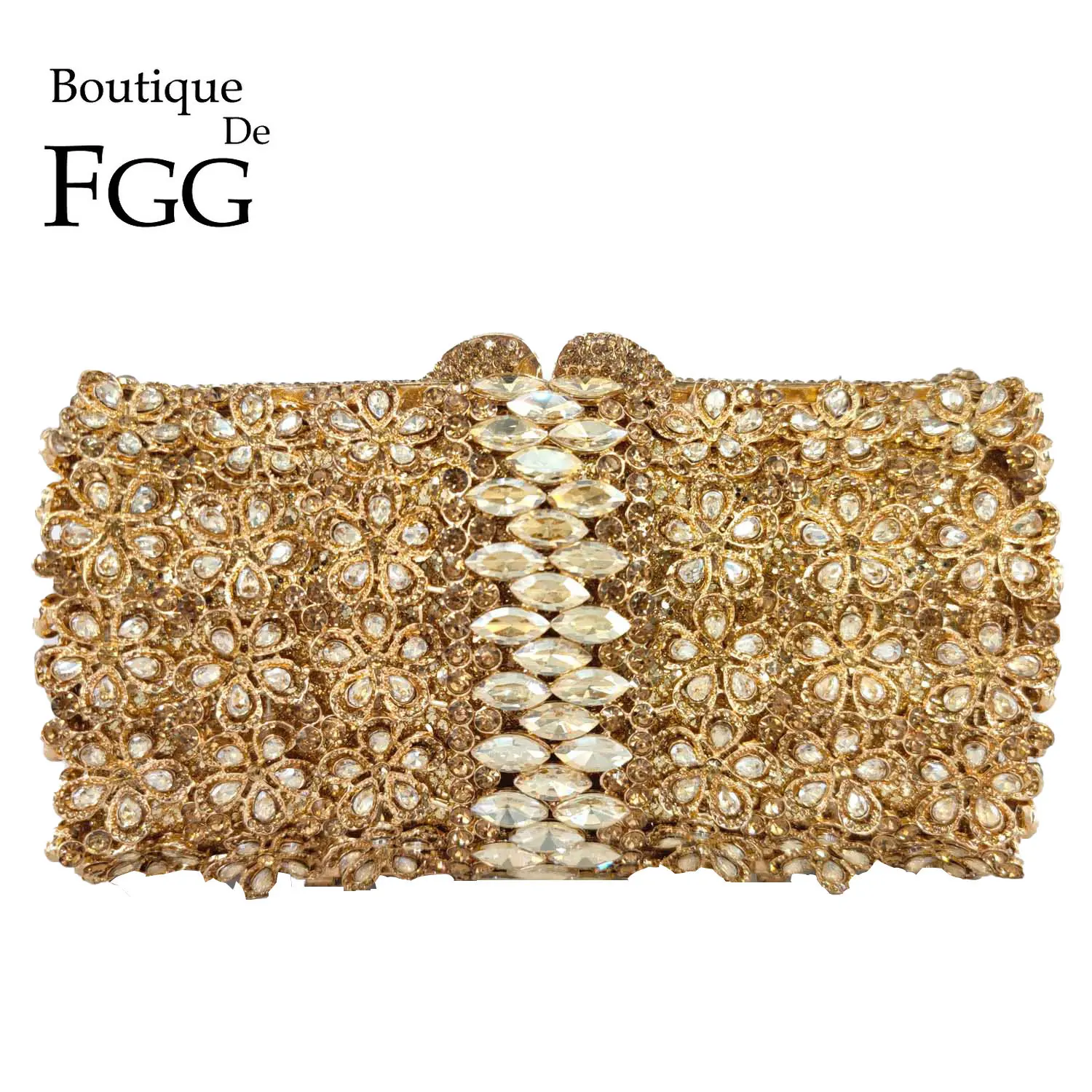 

Boutique De FGG Elegant Women Gold Evening Bags and Clutches Wedding Party Bridal Rhinestone Purses and Handbags