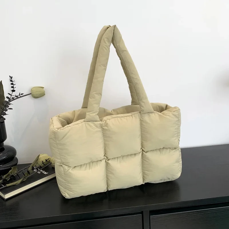 Quilted Plaid Bag Women Tote Handbags Retro Trendy Checkered Waterproof Shoulder Bag Solid Color Winter Soft Large Capacity Bags image 5