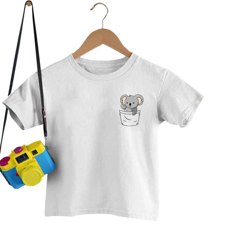 Cute Koala Pocket Print T-shirts Children Boys Girls Summer Casual Tee Shirts Round Neck T-shirts Fashion Solid Color Tee Shirts