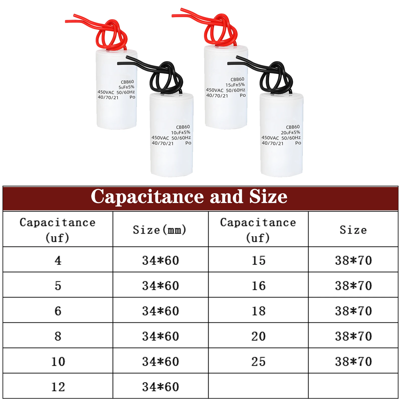 CBB60 Capacitors Motor Run For Start Water Conditioner Compressor Air Pump Machine 1PCS 4fu 5uf 8uf 10uf 12uf 16uf