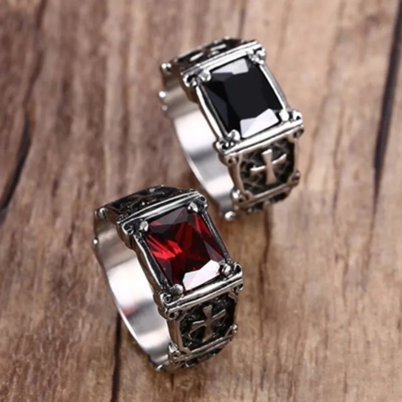 1pcs Hot Selling Multi Size Vintage men's Fashionable Commuter And Personalized Inlaid Ruby Cross Ring Trendy hip-hop Ring