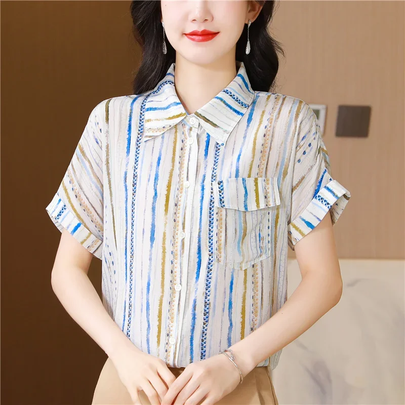 Satin Vintage Women Blouses Summer Prints Women's shirts Loose Short Sleeves Tops Polo-neck Striped Silk Korean Clothing Sales