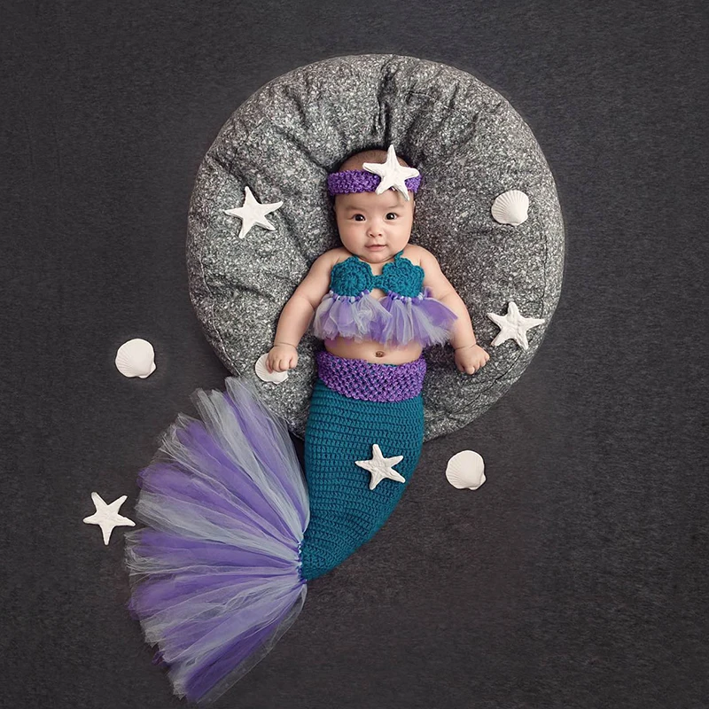 

New Baby Girl Knitted Mermaid Costumes Tutu Mesh Lace Mermaid Tail Clothing Newborn Bebe Photography Props Starfish Headband