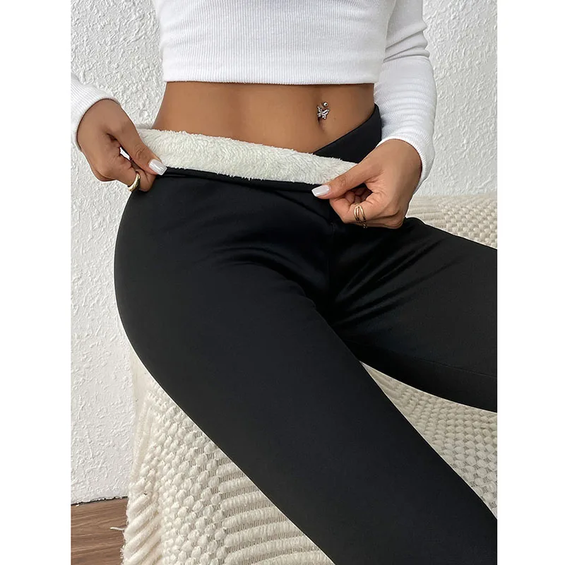 الشتاء النساء زائد المخملية الدافئة طماق سلس رفع الوركين عبر عالية الخصر الحرارية طماق 2025 جديد أسود ضيق الصوف السراويل #5