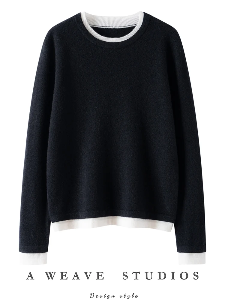 

ANGEL New Women 100% Cashmere Sweaters Fake 2 Pieces Pullover Autumn Winter Casual Cashmere Knitwear Quality Jumpers All Matched